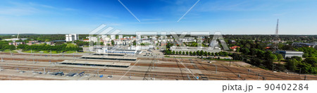 Aerial panoramic view of Kouvola railway station and city center. 90402284