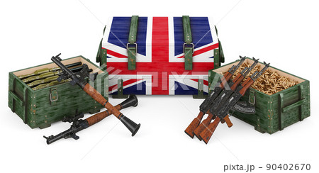 Weapons, military supplies in the Great Britain, concept. 3D rendering Weapons, military supplies in the Great Britain, concept. 3D rendering 90402670