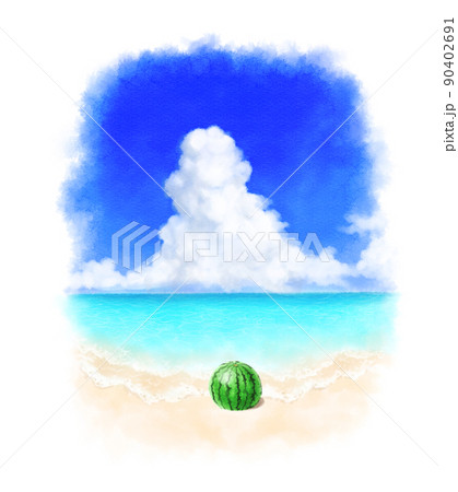 青い空 白い雲 海 砂浜 スイカ 手描き水彩のイラスト素材 [90402691