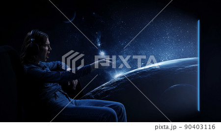 Young woman watching movie . Mixed media Young woman watching movie . Mixed media 90403116