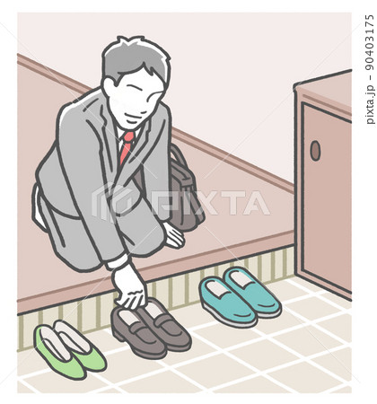 日本のマナー　玄関で靴を脱いで綺麗に揃える日本人男性 90403175
