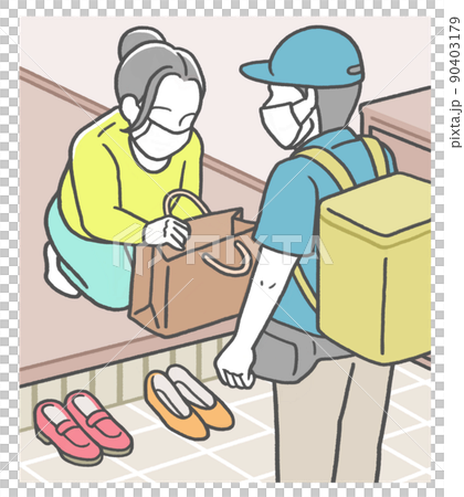 A woman wearing a mask who receives the ordered food from the delivery staff A woman wearing a mask who receives the ordered food from the delivery staff 90403179