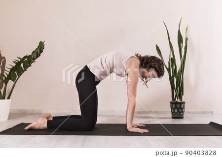 Woman in sportswear practicing yoga, standing in marjaryasana asana, cat pose, exercising on a mat at home near the wall 90403828