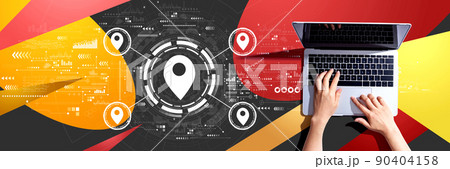 Map pin concept with person using a laptop Map pin concept with person using a laptop 90404158