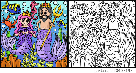 Mermaid Princess And Merman King Illustration 90407197