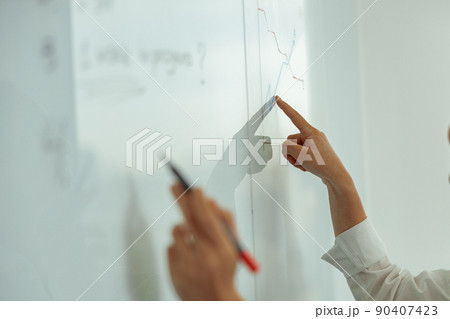 Close up of business woman hands write project plan on flipboard during meeting  90407423
