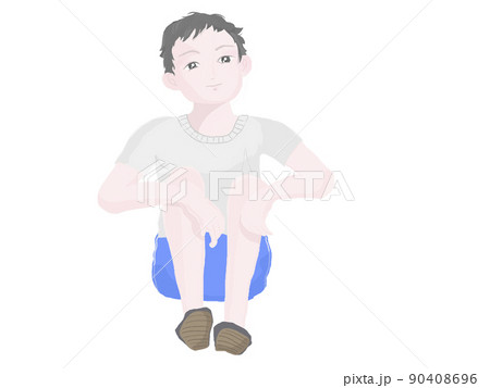 人物の素材　しゃがんで物思いにふける少年　カラー全身　塗りのイラスト 90408696