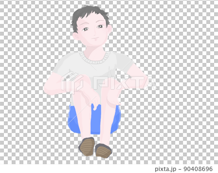 人物の素材　しゃがんで物思いにふける少年　カラー全身　塗りのイラスト 90408696