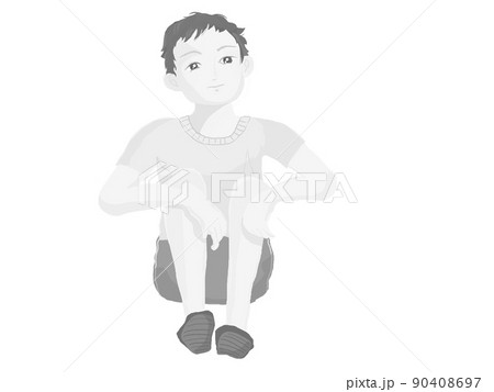 人物の素材 しゃがんで物思いにふける少年 白黒全身 塗りのイラスト 人物の素材 しゃがんで物思いにふける少年 白黒全身 塗りのイラスト 90408697