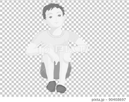 人物の素材 しゃがんで物思いにふける少年 白黒全身 塗りのイラスト 人物の素材 しゃがんで物思いにふける少年 白黒全身 塗りのイラスト 90408697