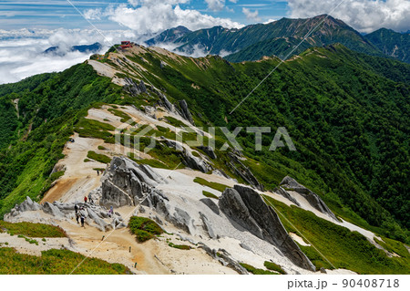 北アルプス・燕岳から見る燕山荘と表銀座縦走路 北アルプス・燕岳から見る燕山荘と表銀座縦走路 90408718