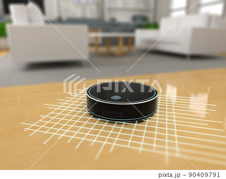 Robotic vacuum cleaner or sweeper display sensor on working area Robotic vacuum cleaner or sweeper display sensor on working area 90409791