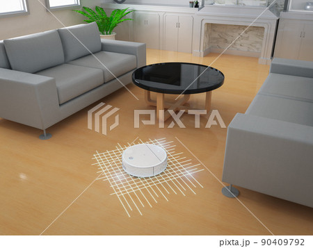 Robotic vacuum cleaner or sweeper display sensor on working area Robotic vacuum cleaner or sweeper display sensor on working area 90409792