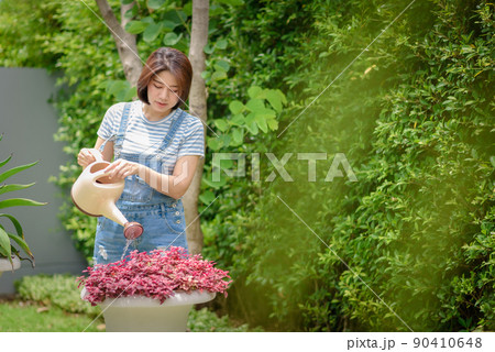 An Asian woman is watering plants in the garden. An Asian woman is watering plants in the garden. 90410648