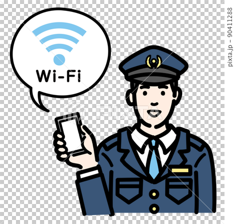 A police officer man holding a smartphone and explaining Wi-Fi A police officer man holding a smartphone and explaining Wi-Fi 90411288