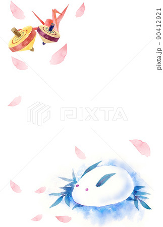 雪うさぎと独楽の水彩画 はがきサイズのイラスト素材