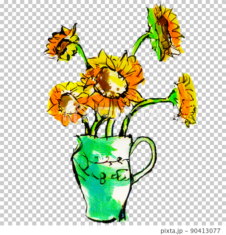 手描き風のシンプルな花瓶に挿してあるひまわりのイラスト 90413077