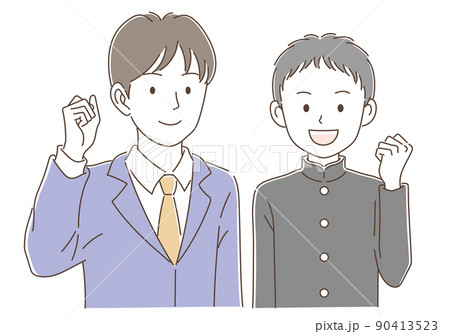 ガッツポーズをしている先生と学ラン姿の男子生徒のイラスト素材