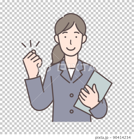 資料を持ちながらガッツポーズするスーツの女性の上半身イラスト 資料を持ちながらガッツポーズするスーツの女性の上半身イラスト 90414234