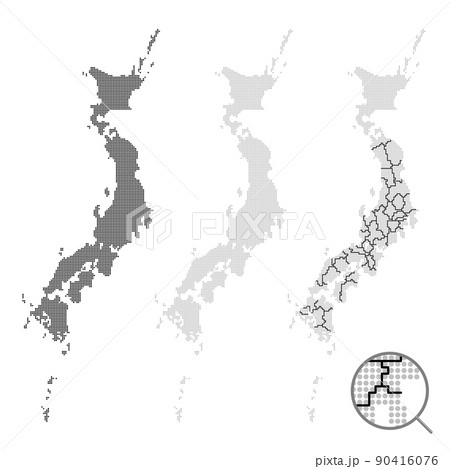 ドットで描かれた日本地図のセット 水平垂直