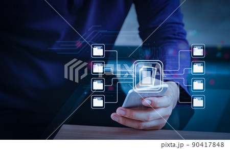 IT consultant or Programmer online mobile phone business processes virtual document management system (DMS) progress planning in office or work home. Manage corporate files with technology concept. 90417848
