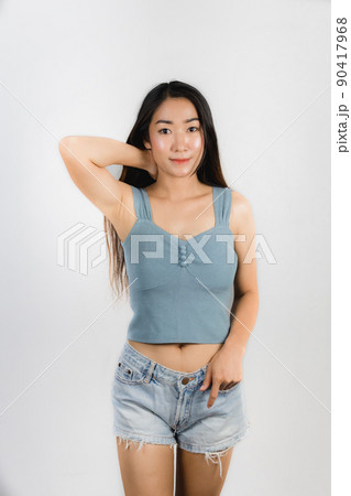 Asian young woman happy smile wearing a purple single line dress on white background. 90417968