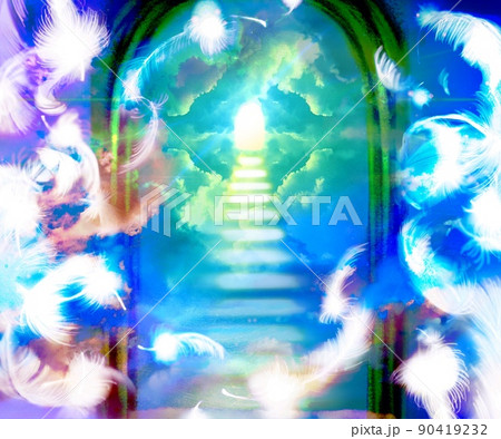 青空を舞う白い天使の羽と天国へ続く門と光る雲の階段のイラスト 90419232