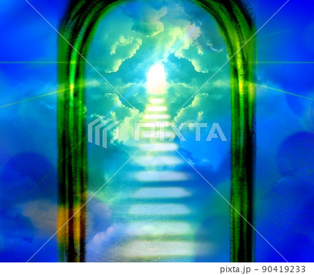 青空を舞う白い天使の羽と天国へ続く門と光る雲の階段のイラスト 90419233
