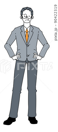 スーツを着た不満げな壮年の男性の立ち姿のイラスト スーツを着た不満げな壮年の男性の立ち姿のイラスト 90422319
