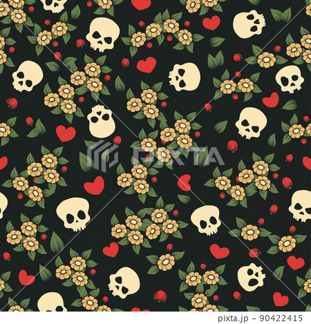 Skulls and hearts floral pattern 90422415