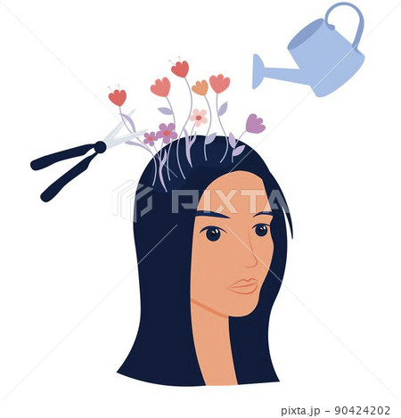 Psychological therapy vector stock illustration. The concept of psychiatric care. A watering can waters the flowers in my head, scissors cut off thoughts. Self-care, healthy lifestyle. The help of a p 90424202