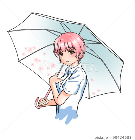 花柄の傘をさすピンク担当ショートカットの女の子のイラスト素材