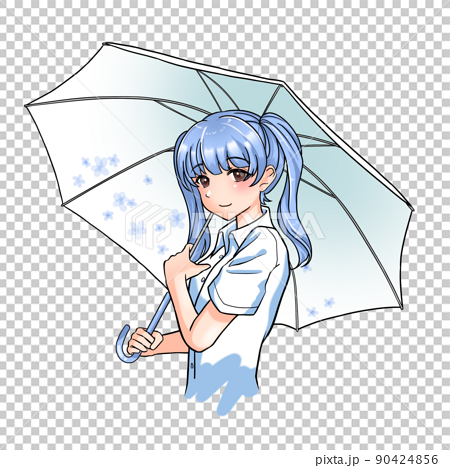 花柄の傘をさす青担当ツインテールの女の子のイラスト素材