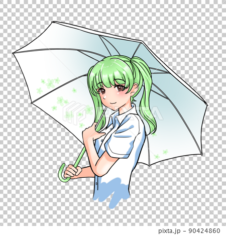 花柄の傘をさす緑担当ツインテールの女の子のイラスト素材
