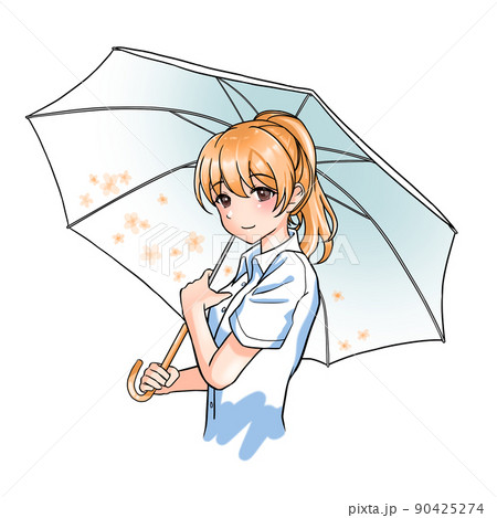 花柄の傘をさすオレンジ担当ポニーテールの女の子 90425274
