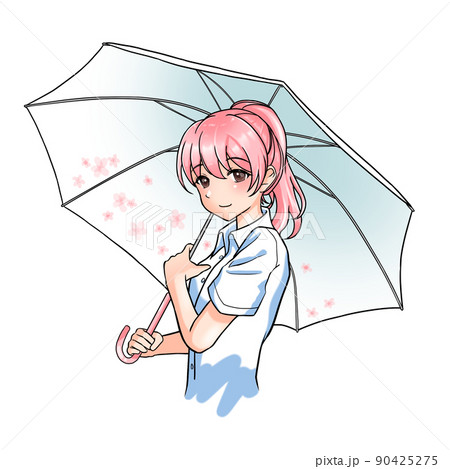 花柄の傘をさすピンク担当ポニーテールの女の子 90425275
