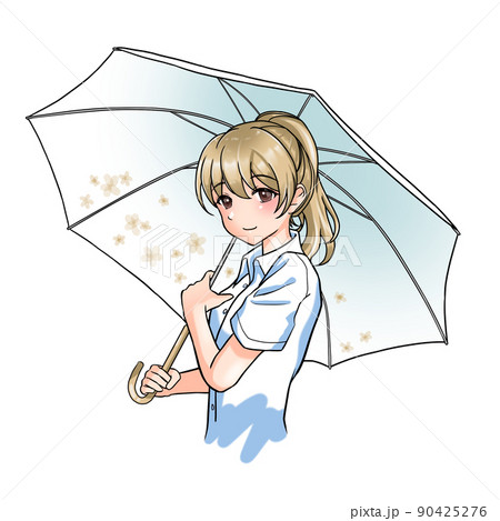 花柄の傘をさすモカ担当ポニーテールの女の子 90425276