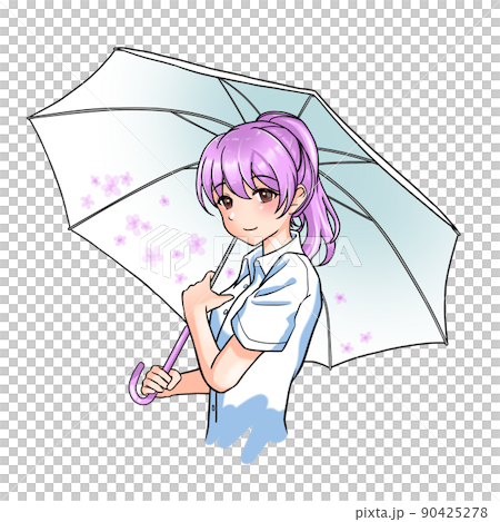 花柄の傘をさす紫担当ポニーテールの女の子 90425278