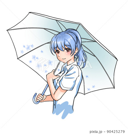 花柄の傘をさす青担当ポニーテールの女の子 90425279