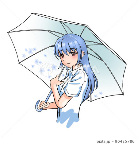 花柄の傘をさす青担当ロングヘアの女の子のイラスト素材 花柄の傘をさす青担当ロングヘアの女の子のイラスト素材