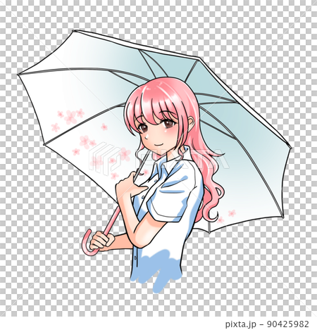 A girl with curly hair in charge of pink holding a floral umbrella 90425982
