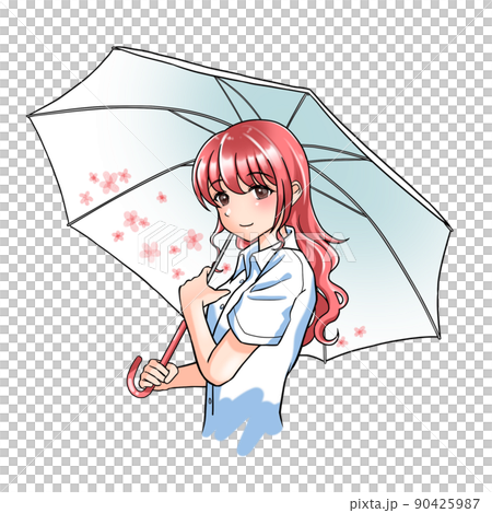 A girl with curly hair in charge of red holding a floral umbrella A girl with curly hair in charge of red holding a floral umbrella 90425987