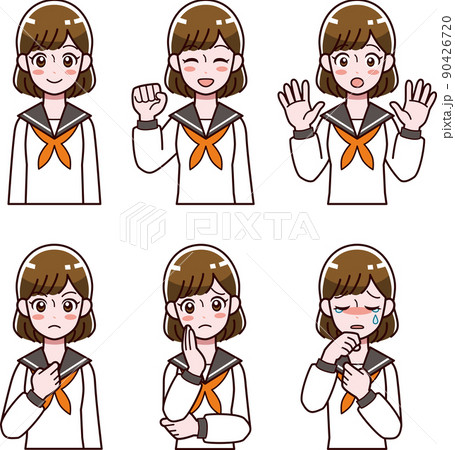 セーラー服の女の子の表情イラストセット 90426720