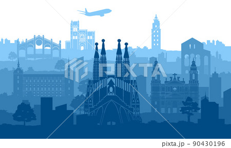 spain famous landmarks by silhouette style 90430196