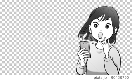 一個女人驚訝地看到智能手機的卡通風格插圖 90430790