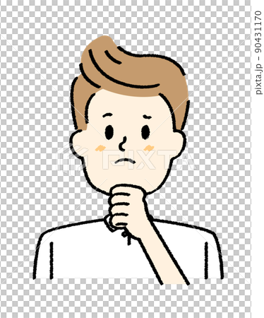 A man in a white polo shirt who is worried (thinking) with his hand on his chin 90431170