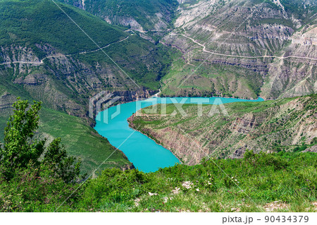 mountain landscape, view of the deep canyon with blue water, valley of the Sulak river in Dagestan mountain landscape, view of the deep canyon with blue water, valley of the Sulak river in Dagestan 90434379