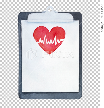 Water color illustration of medical clipboard with red heart image and heartbeat. Hand painted watercolour sketchy drawing on white, cutout clip art element for design, banner, print, card, poster. Water color illustration of medical clipboard with red heart image and heartbeat. Hand painted watercolour sketchy drawing on white, cutout clip art element for design, banner, print, card, poster. 90434555