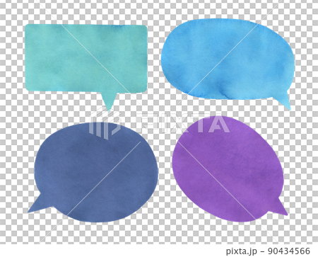 Illustration collection of four watercolour speech balloons of various color and shapes. Hand painted water color graphic drawing on white background, isolated clip art elements for design decoration. 90434566