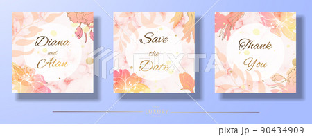 Wedding floral invitation in watercolor and pastel. Lily and pink splashes, stains. Save the date, thanks. RSVP card design. Golden pale pink flowers. Vector art template set Wedding floral invitation in watercolor and pastel. Lily and pink splashes, stains. Save the date, thanks. RSVP card design. Golden pale pink flowers. Vector art template set 90434909